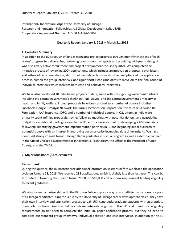 Quarterly Report: January 1, 2018 – March 31, 2018