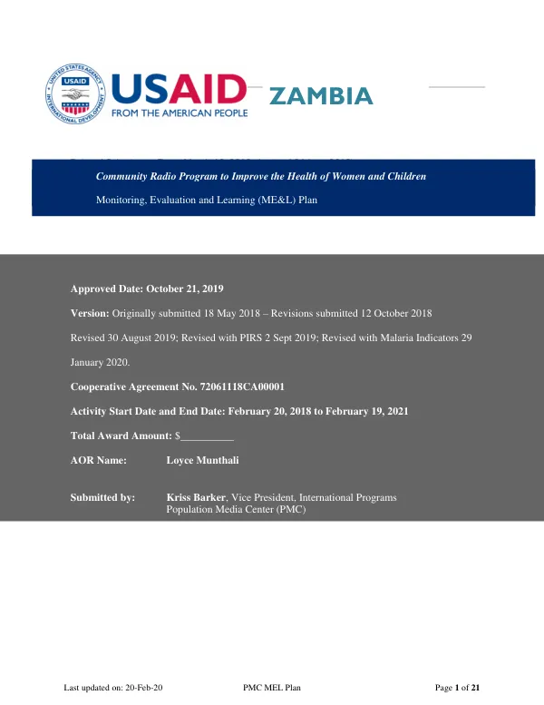 Monitoring, Evaluation and Learning (MEL) Plan for Community Radio Program to Improve the Health of Women and Children