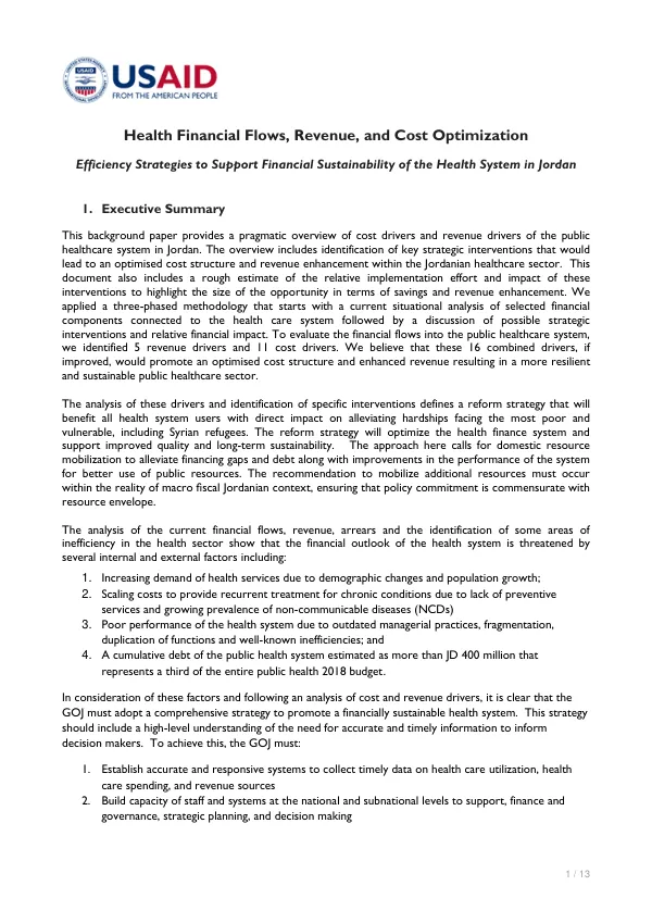 Health Financial Flows, Revenue, and Cost Optimization Efficiency Strategies to Support Financial Sustainability of the Health System in Jordan