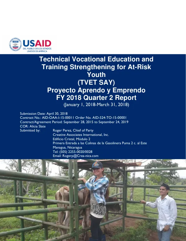 Technical Vocational Education and Training Strengthening for At-Risk Youth (TVET SAY) FY 2018 Quarter 2 Report