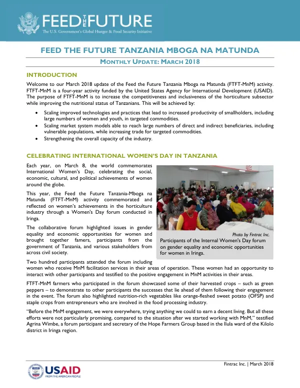 Feed the Future Tanzania Mboga na Matunda Monthly Update: March 2018
