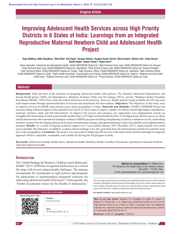 Improving Adolescent Health Services across High Priority Districts in 6 States of India: Learnings from an Integrated Reproductive Maternal Newborn Child and Adolescent Health Project