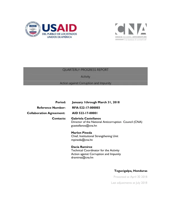 Quarterly Progress Report: Action against Corruption and Impunity
