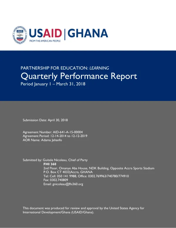Quarterly Performance Report for the Partnership for Education: Learning Activity