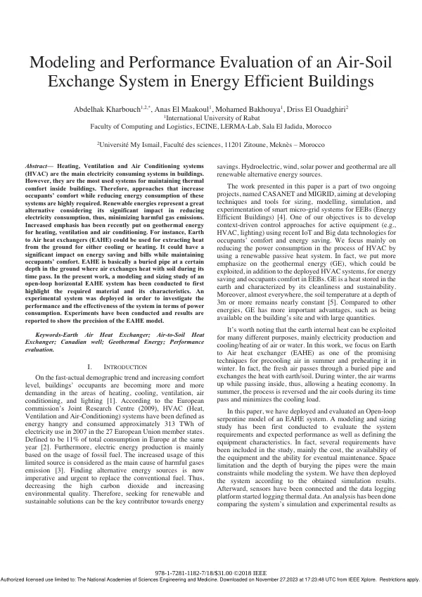 Modeling and Performance Evaluation of an Air-Soil Exchange System in Energy Efficient Buildings
