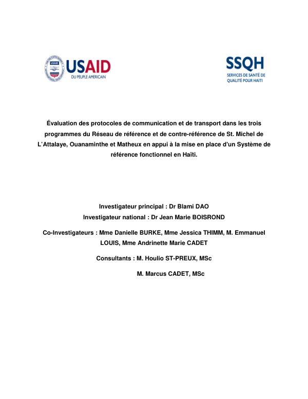 Évaluation des protocoles de communication et de transport dans les trois programmes de Réseau de référence de St. Michel de L’Attalaye, Ouanaminthe et des Matheux en appui à la mise en place d’un Système de référence fonctionnel en Haïti