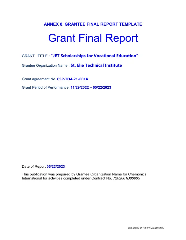 Grant Final Report: JET Scholarships for Vocational Education