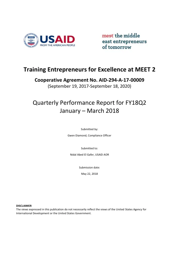 Quarterly Performance Report for FY18Q2: Training Entrepreneurs for Excellence at MEET 2
