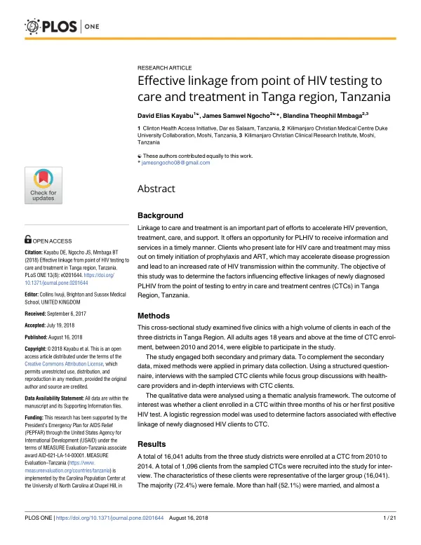 Effective linkage from point of HIV testing to care and treatment in Tanga region, Tanzania