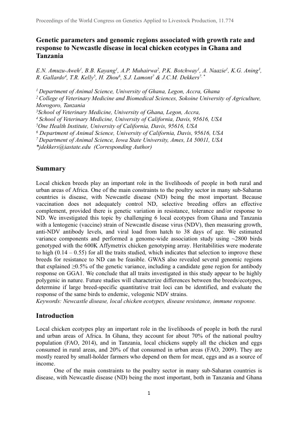 Genetic parameters and genomic regions associated with growth rate and response to Newcastle disease in local chicken ecotypes in Ghana and Tanzania