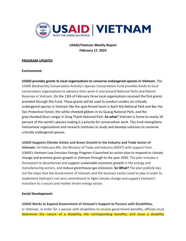 USAID/Vietnam Weekly Report