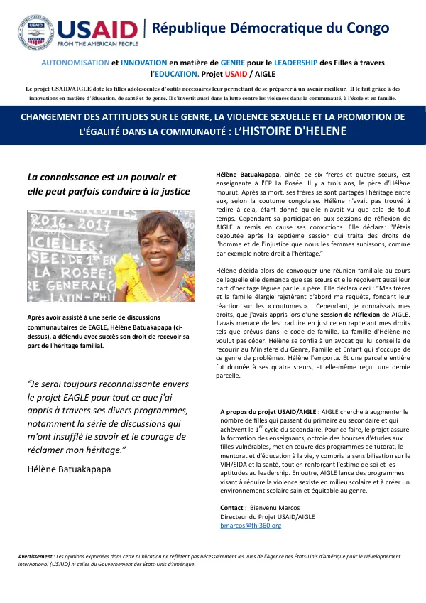 AUTONOMISATION et INNOVATION en matière de GENRE pour le LEADERSHIP des Filles à travers l'EDUCATION. Projet USAID / AIGLE