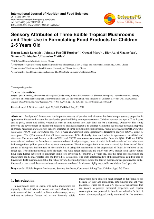 Sensory Attributes of Three Edible Tropical Mushrooms and Their Use in Formulating Food Products for Children 2-5 Years Old