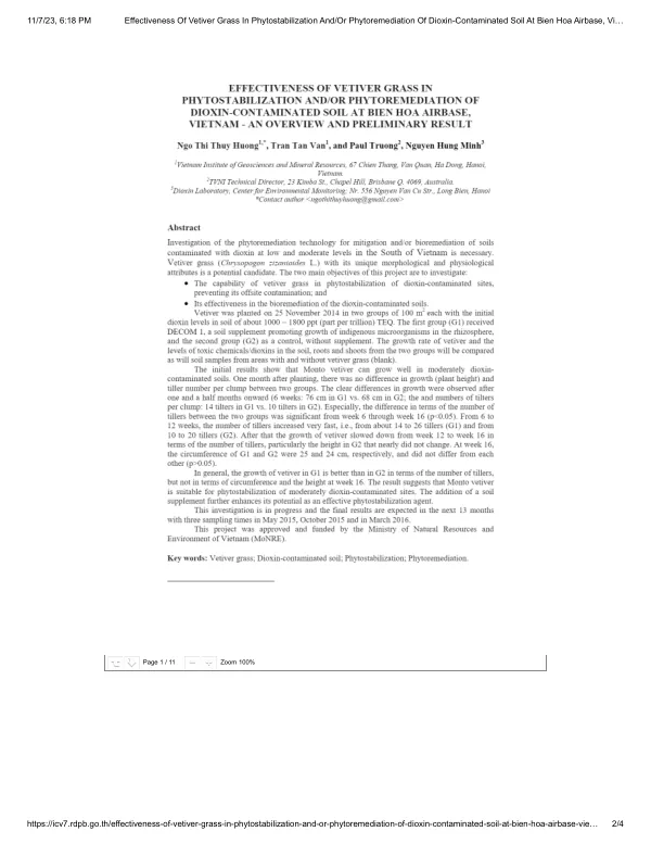 Effectiveness Of Vetiver Grass In Phytostabilization And/Or Phytoremediation Of Dioxin-Contaminated Soil At Bien Hoa Airbase, Vietnam