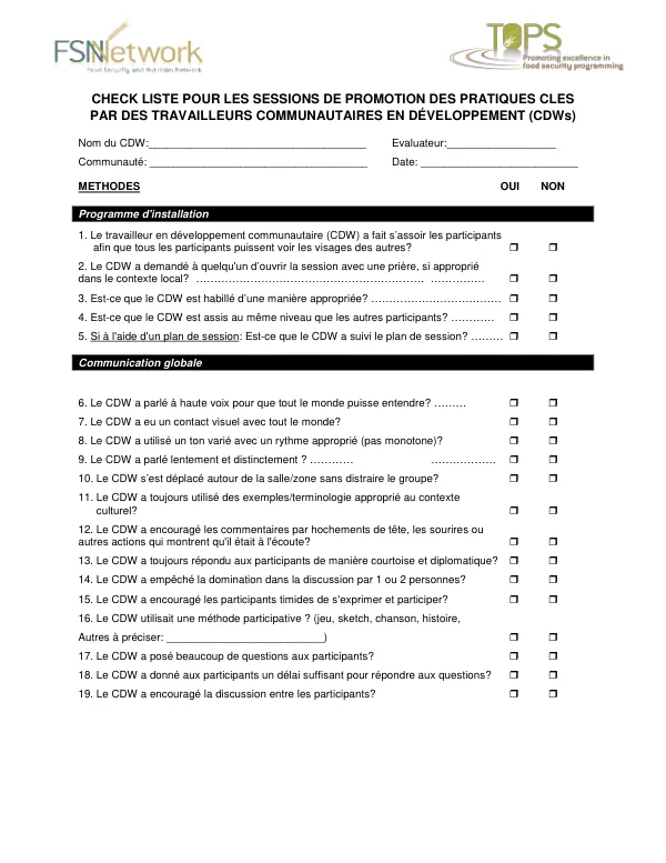 CHECK LISTE POUR LES SESSIONS DE PROMOTION DES PRATIQUES CLES PAR DES TRAVAILLEURS COMMUNAUTAIRES EN DÉVELOPPEMENT (CDWs)