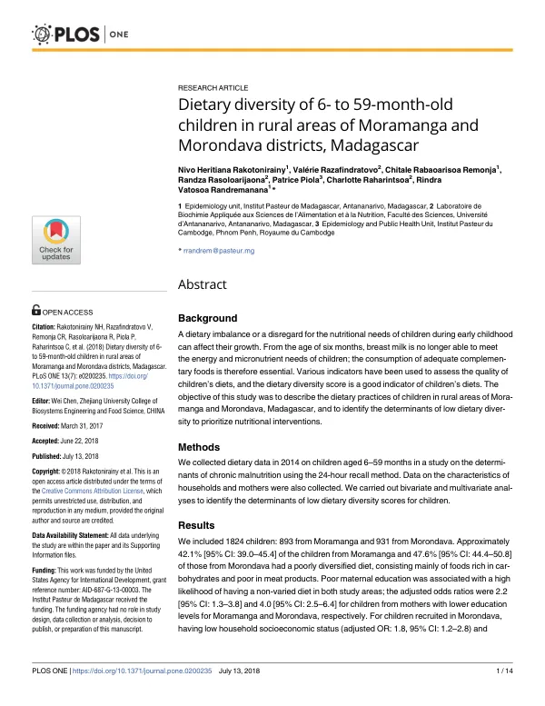 Dietary diversity of 6- to 59-month-old children in rural areas of Moramanga and Morondava districts, Madagascar