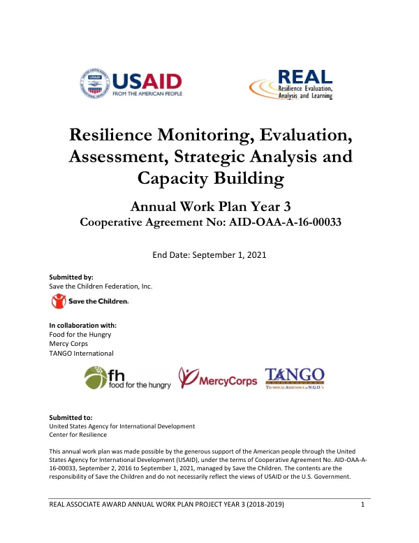Annual Work Plan for the Resilience Evaluation, Analysis, and Learning (REAL) Associate Award