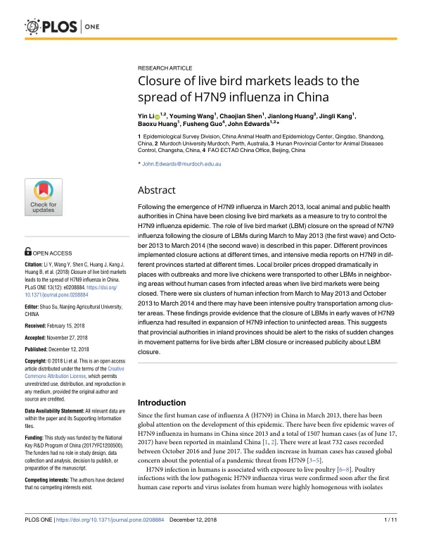 Closure of live bird markets leads to the spread of H7N9 influenza in China