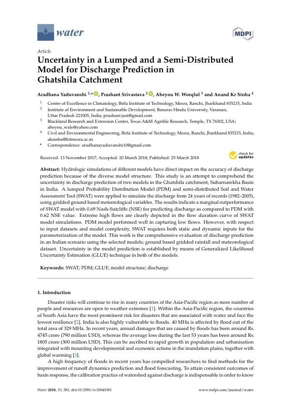 Uncertainty in a Lumped and a Semi-Distributed Model for Discharge Prediction in Ghatshila Catchment