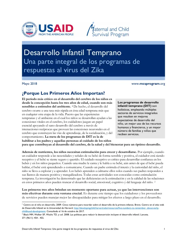 Desarrollo Infantil Temprano: Una parte integral de los programas de respuestas al virus del Zika