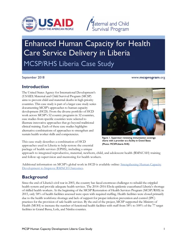 Enhanced Human Capacity for Health Care Service Delivery in Liberia, MCSP/RHS Liberia Case Study