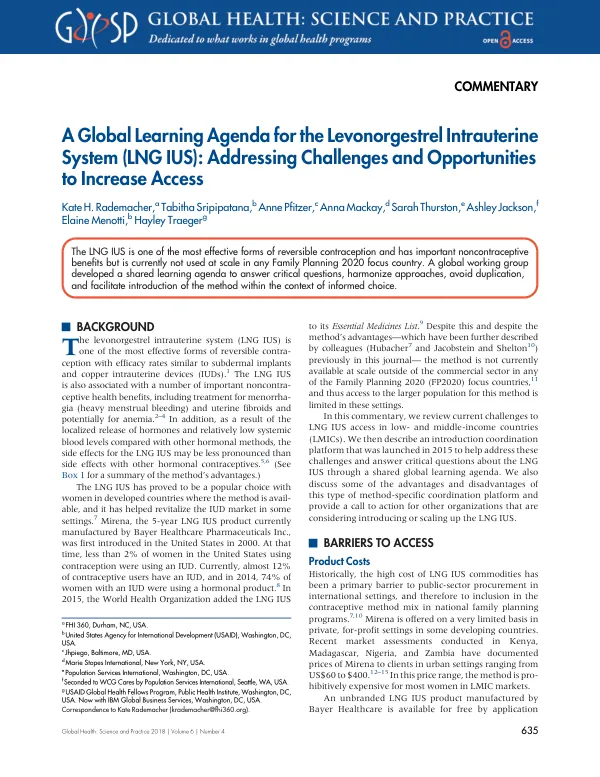 A Global Learning Agenda for the Levonorgestrel Intrauterine System (LNG IUS): Addressing Challenges and Opportunities to Increase Access