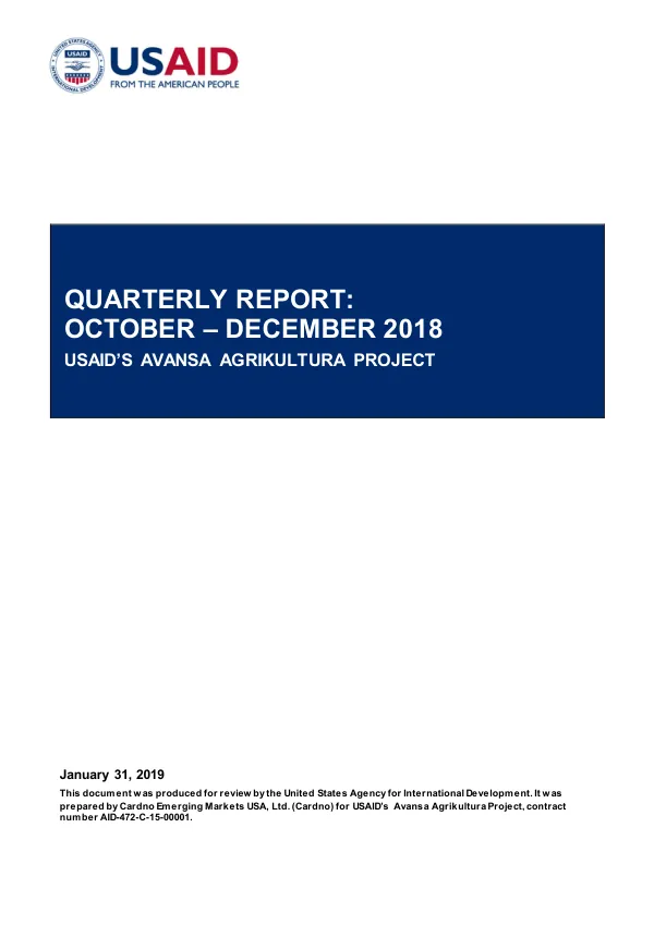 Quarterly Report: October – December 2018: USAID’s Avansa Agrikultura Project