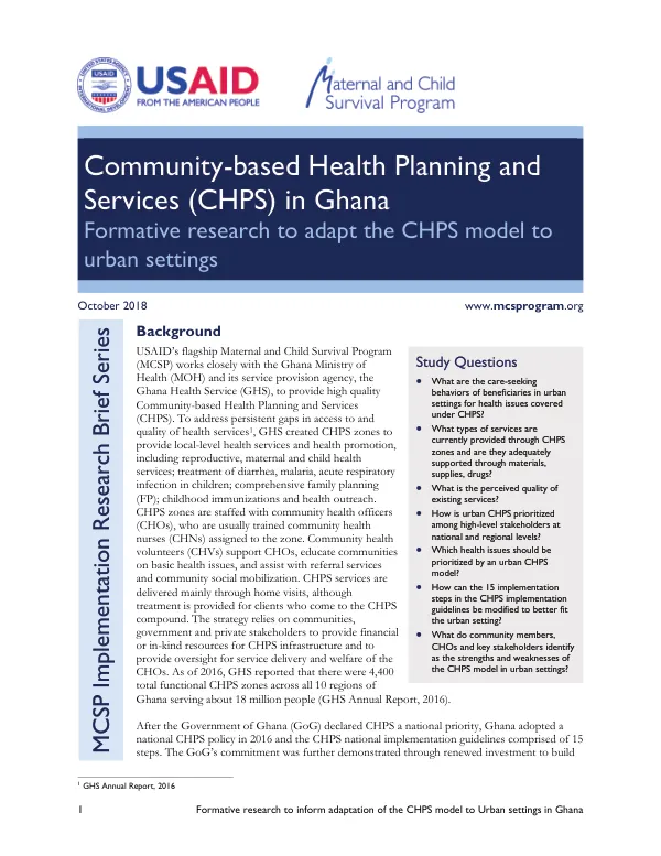 Community-based Health Planning and Services (CHPS) in Ghana: Formative research to adapt the CHPS model to urban settings