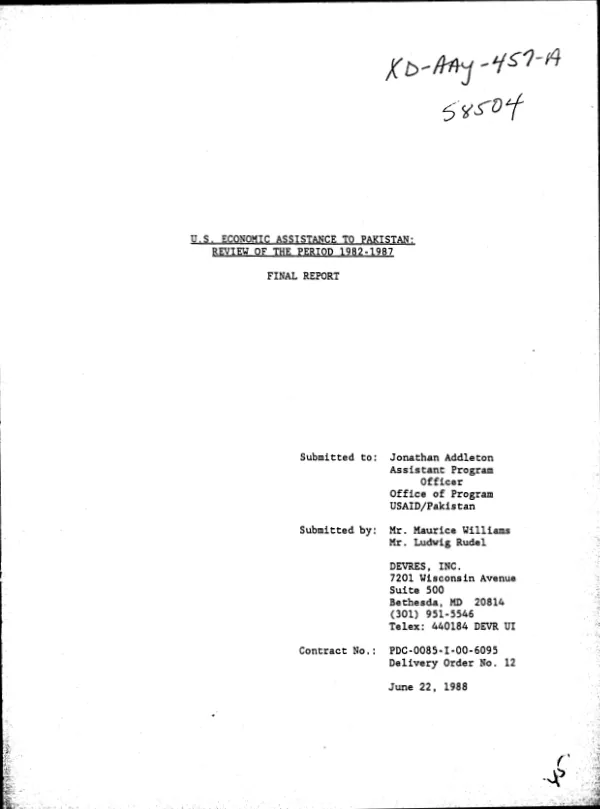 U.S. economic assistance to Pakistan : review of the period 1982-1987