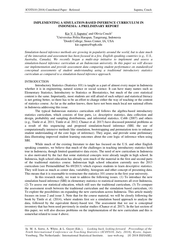 Implementing a Simulation-Based Inference Curriculum in Indonesia: A Preliminary Report