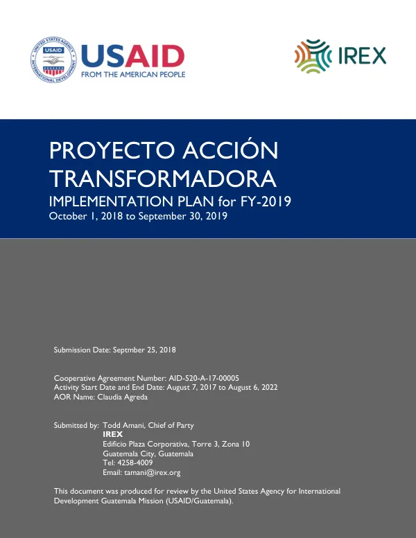 Implementation Plan for Proyecto Acción Transformadora FY-2019