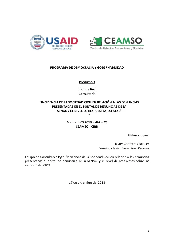Informe final: Incidencia de la Sociedad Civil en relación a las denuncias presentadas en el portal de denuncias de la SENAC y el nivel de respuestas estatal