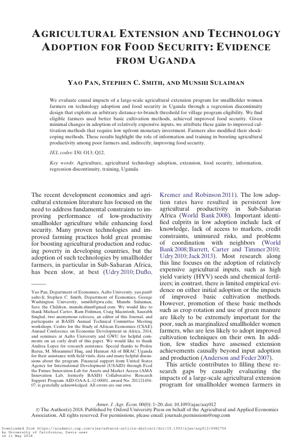 Agricultural Extension and Technology Adoption for Food Security: Evidence from Uganda