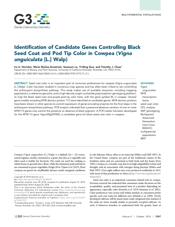 Identification of Candidate Genes Controlling Black Seed Coat and Pod Tip Color in Cowpea (Vigna unguiculata [L.] Walp)