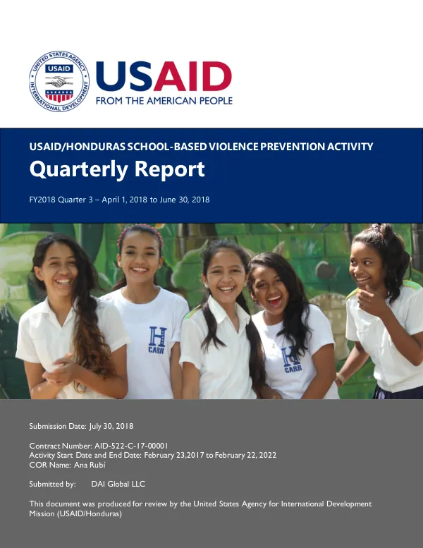 USAID/Honduras School-Based Violence Prevention Activity Quarterly Report – FY2018 Q3