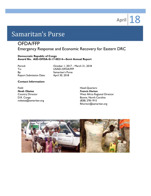 Emergency Response and Economic Recovery for Eastern DRC, Semi-annual Report 2018