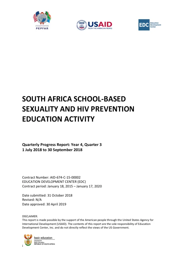 South Africa School-Based Sexuality and HIV Prevention Education Activity Quarterly Progress Report: Year 4, Quarter 3