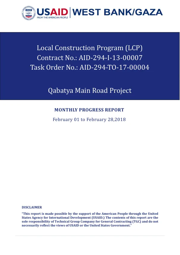 Monthly Progress Report-MPR-17-00004- Qabatya Main Road Project –February 2018