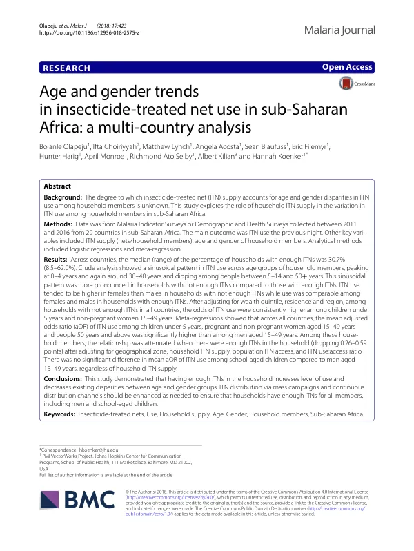 Age and gender trends in insecticide-treated net use in sub-Saharan Africa: a multi-country analysis