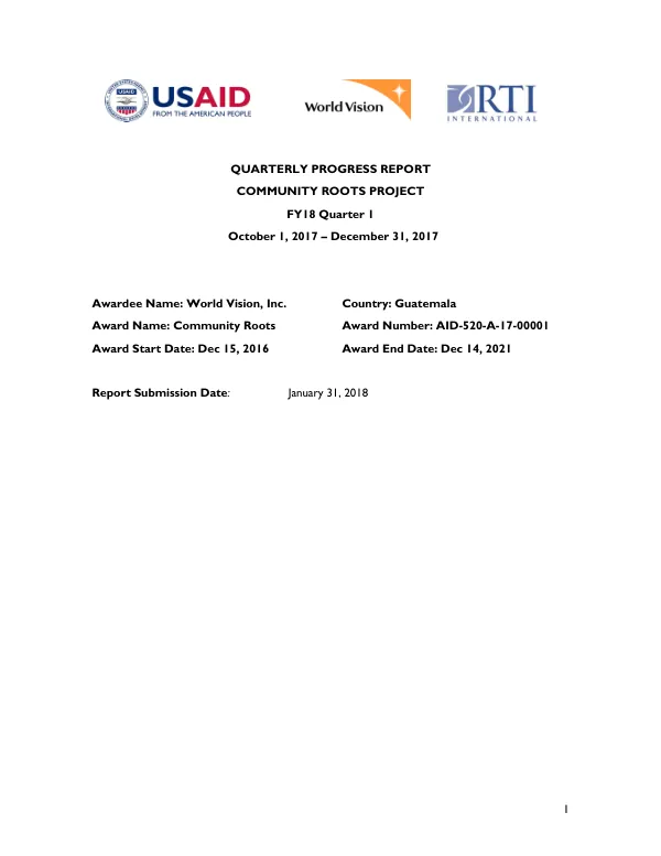 QUARTERLY PROGRESS REPORT COMMUNITY ROOTS PROJECT FY18 Quarter 1