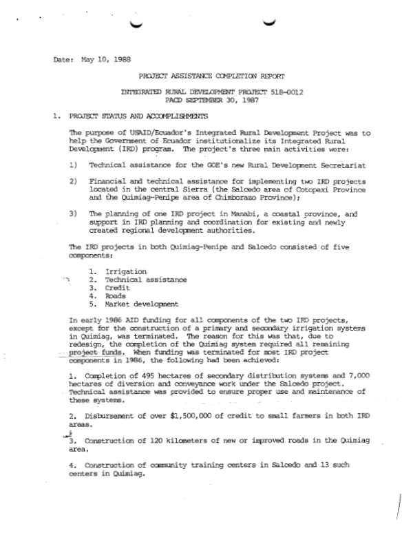 Project assistance completion report : integrated rural development project 518-0012, PACD September 30, 1987