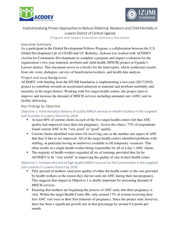 Institutionalizing Proven Approaches to Reduce Maternal, Newborn and Child Mortality in Luwero District of Central Uganda