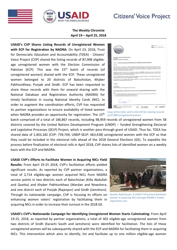 USAID CVP Facilitates Women NIC and Voter Registration in Pakistan
