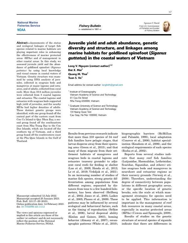 Juvenile yield and adult abundance, genetic diversity and structure, and linkages among marine habitats for goldlined spinefoot (Siganus guttatus) in the coastal waters of Vietnam
