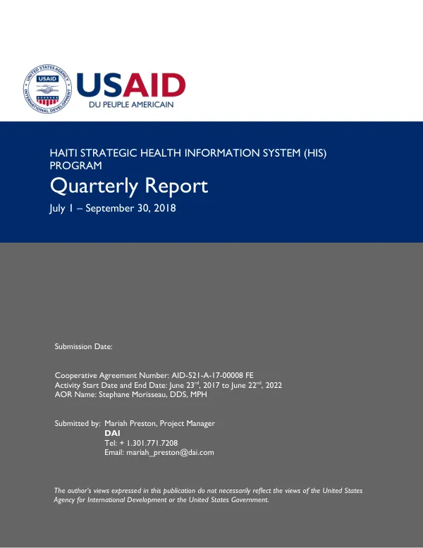 Haiti Strategic Health Information System (HIS) Program Quarterly Report July 1 – September 30, 2018