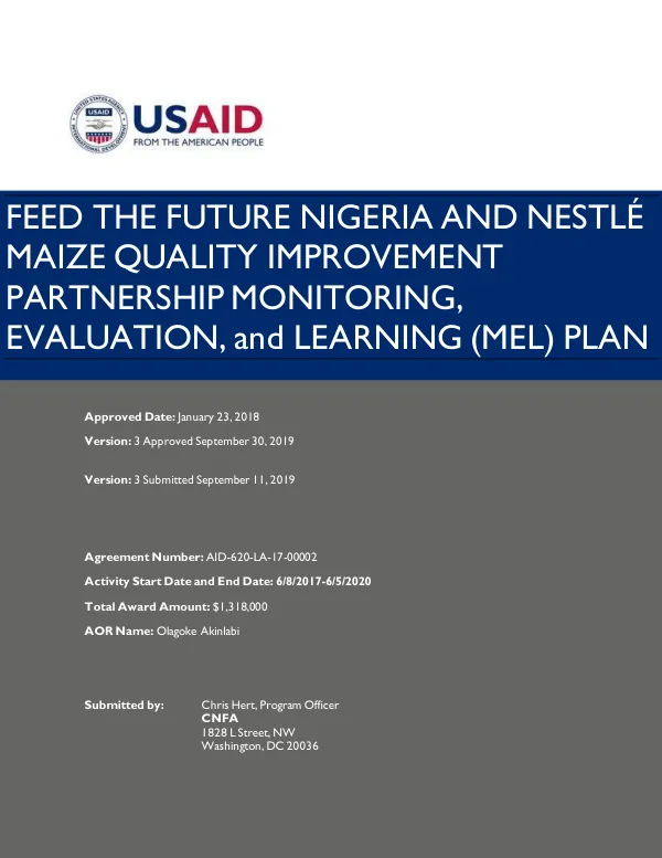 Feed the Future Nigeria and Nestlé Maize Quality Improvement Partnership Monitoring, Evaluation and Learning (MEL) Plan
