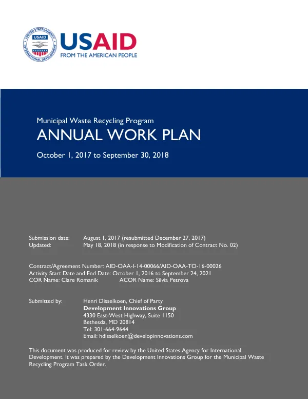Municipal Waste Recycling Program ANNUAL WORK PLAN October 1, 2017 to September 30, 2018