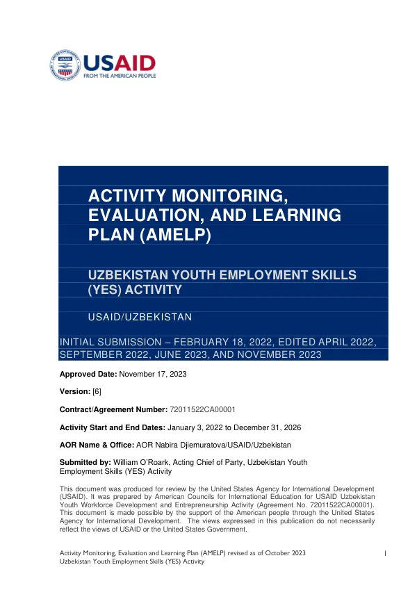 Activity Monitoring, Evaluation and Learning Plan (AMELP) revised as of October 2023 Uzbekistan Youth Employment Skills (YES) Activity