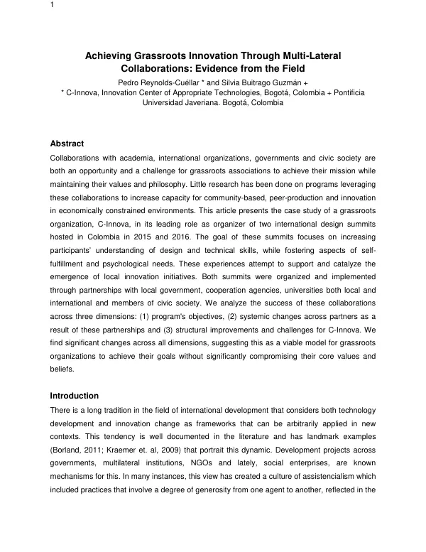 Achieving Grassroots Innovation Through Multi-Lateral Collaborations: Evidence from the Field
