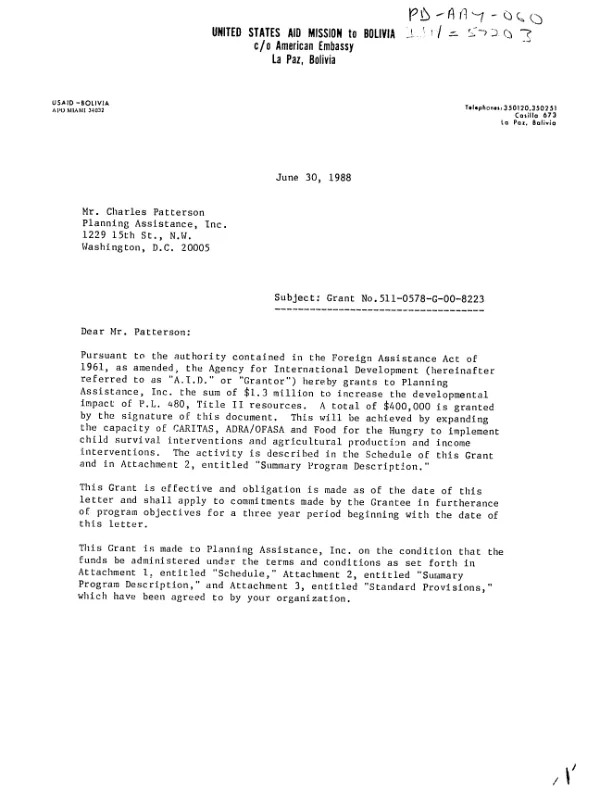 Grant no. 511-0578-G-00-8223, by the US Agency for International Development to Planning Assistance Inc. to increase the developmental impact of PL-480, Title II resources